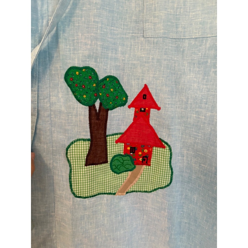 Vintage Light Blue Linen Blend Wrap Skirt with Pagoda & Tree Appliqué‎ - Picture 2 of 4